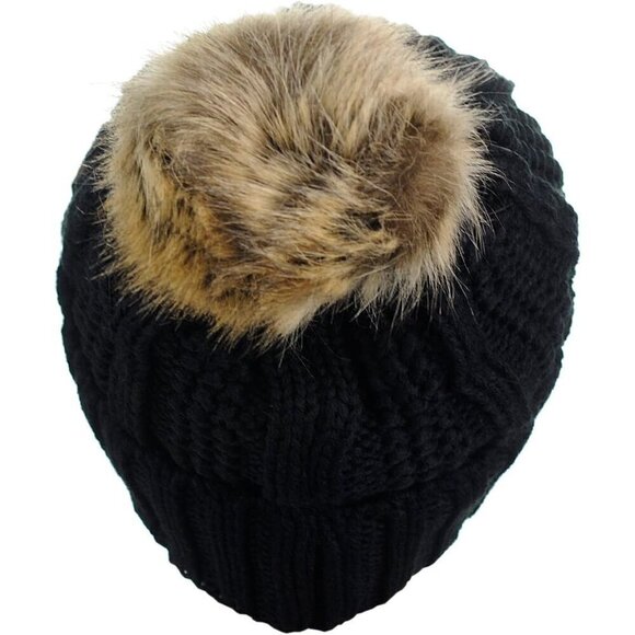 ✨ C.C  Faux Fuzzy Fur Women Black Thick Cable Knit Pom Fleece Cuff Beanie Cap - Picture 4 of 4